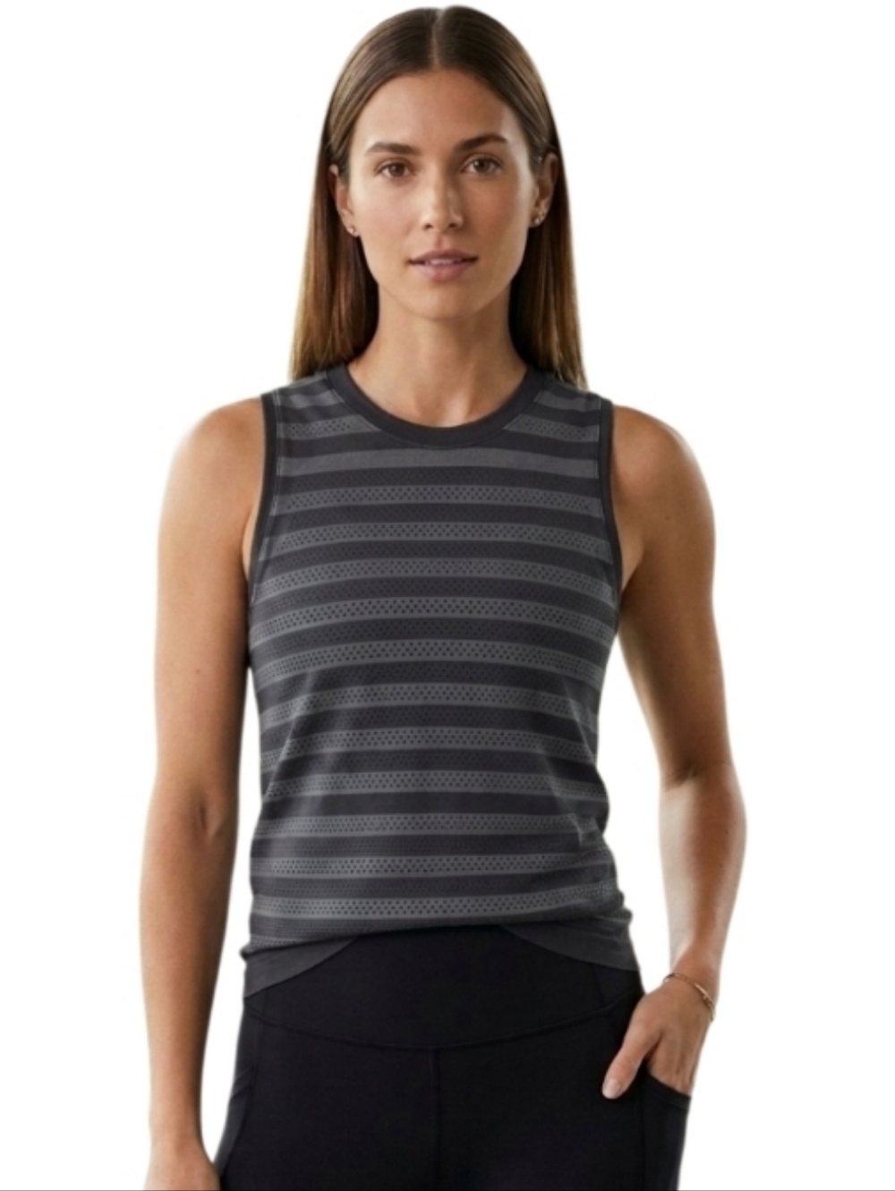 LULULEMON ATHLETICA Gray Black Breathable Striped Perforated Crew Neck Tank Top